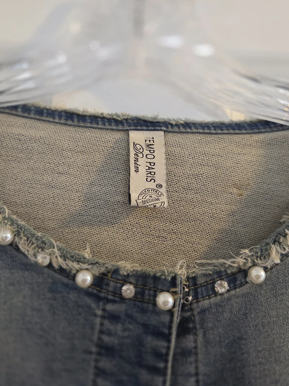 Women’s Light Wash Denim Jacket with Beaded Collar